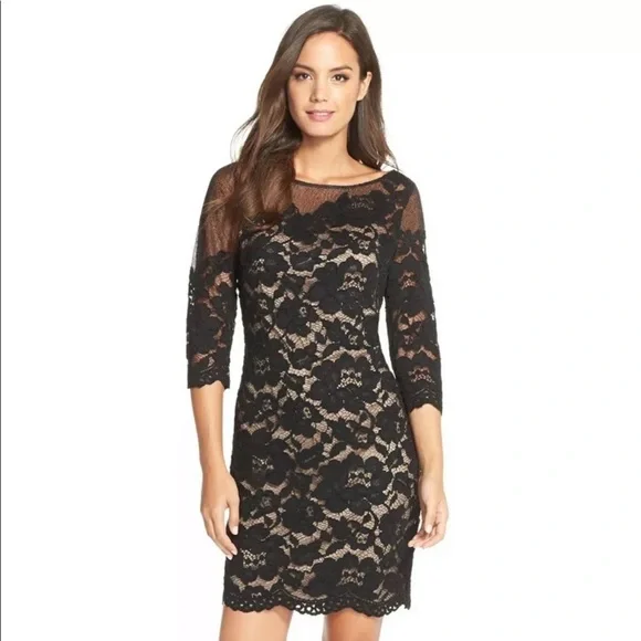 Aidan Mattox | Dresses | Aidan Mattox Black Lace 34 Sleeve Mesh Illusion  Formal Short Black Sheath | Poshmark